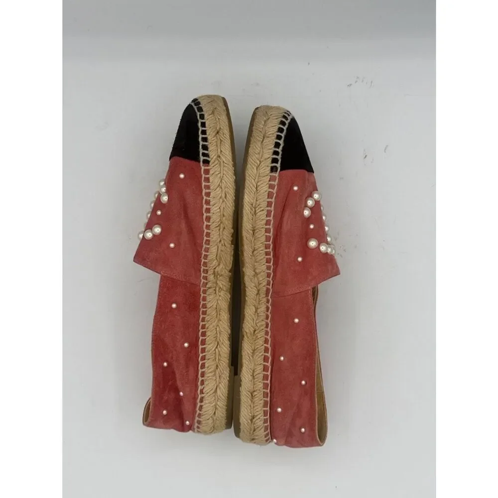 New CHANEL Rose/Black Suede Pearl Logo Espadrilles Size 38/ US 8